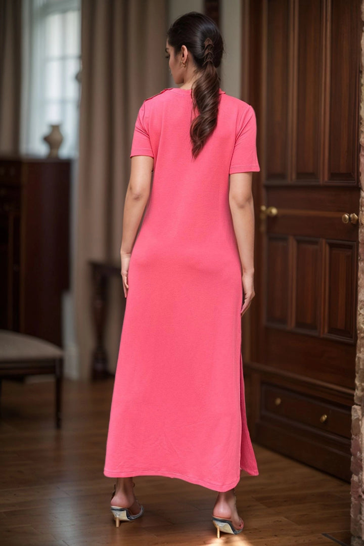Coral Shoulder Buttoned Slit Long Dress BCBSK-25700-3618 - Cuxhaven