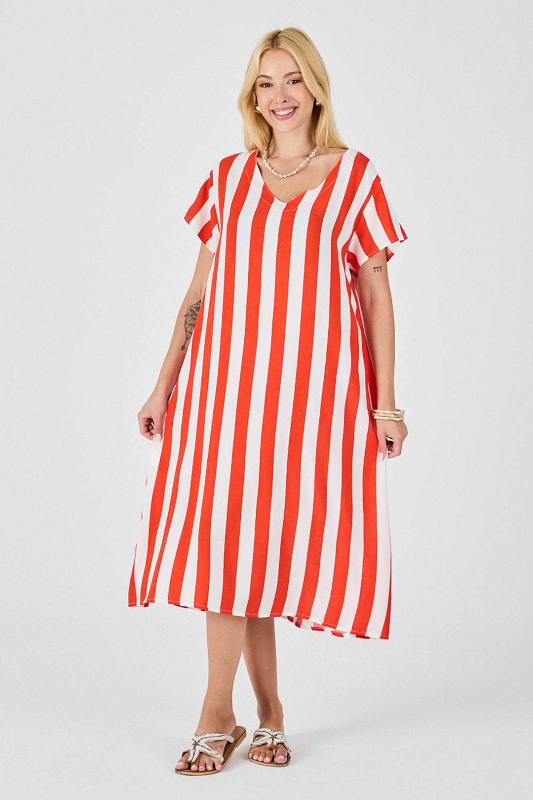 Coral V-Neck Short Sleeve Loose Fit Dress BCVL-254003 - Brussels