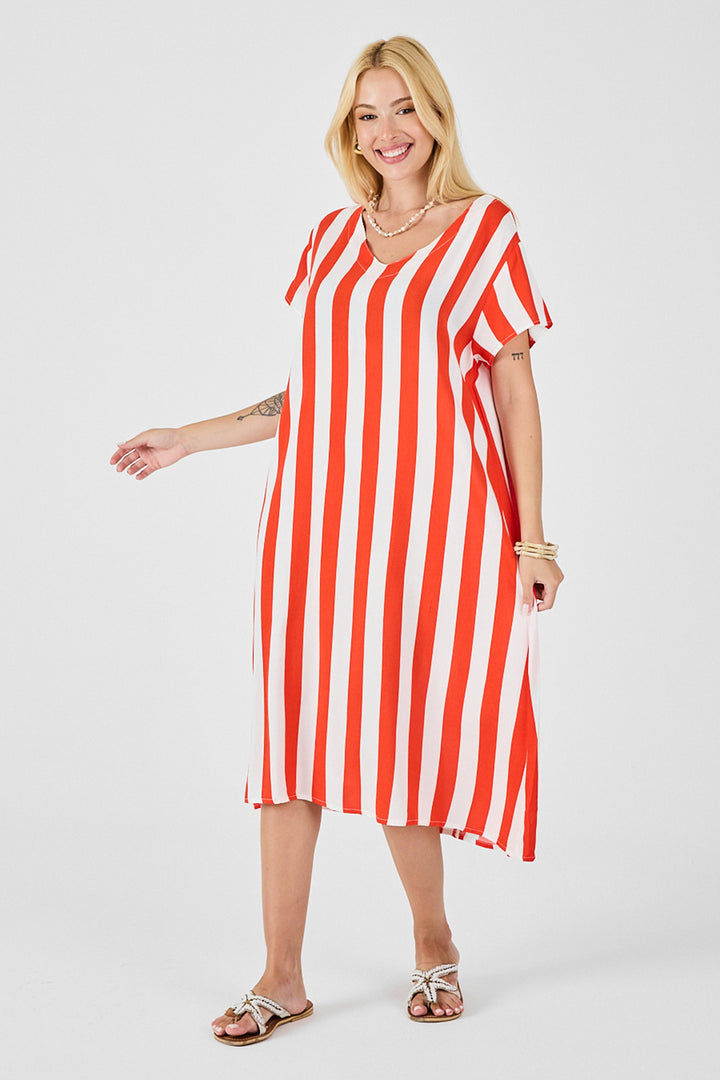 Coral V-Neck Short Sleeve Loose Fit Dress BCVL-254003 - Brussels