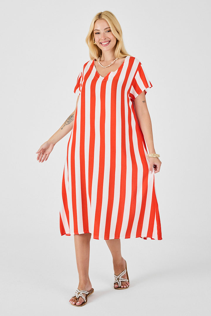 Coral V-Neck Short Sleeve Loose Fit Dress BCVL-254003 - Brussels