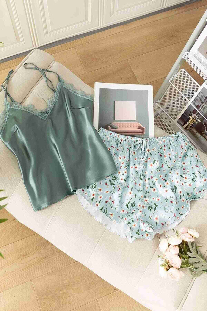 IGR Women Merry See Lace Embroidered Flower Patterned Shorts Pajama Set Green - Montreuil
