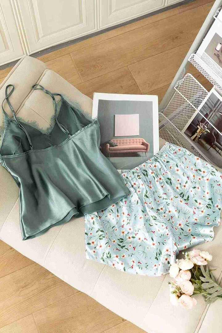 IGR Women Merry See Lace Embroidered Flower Patterned Shorts Pajama Set Green - Montreuil