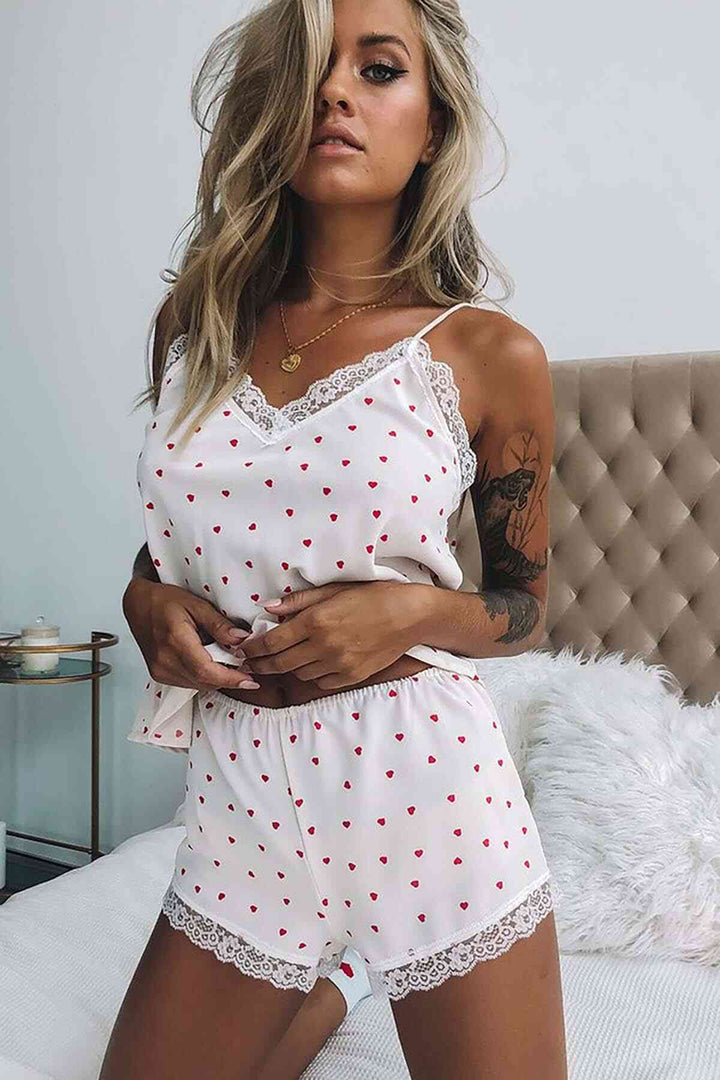 IGR Women Merry See Lace-Trimmed Heart Patterned Shorts Pajama Set White - Merthyr Tudful