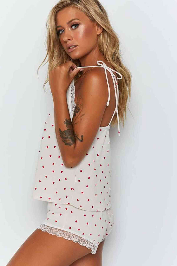 IGR Women Merry See Lace-Trimmed Heart Patterned Shorts Pajama Set White - Merthyr Tudful