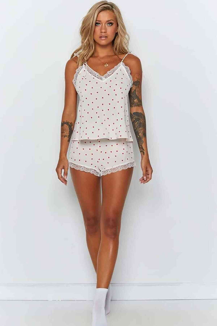 IGR Women Merry See Lace-Trimmed Heart Patterned Shorts Pajama Set White - Merthyr Tudful