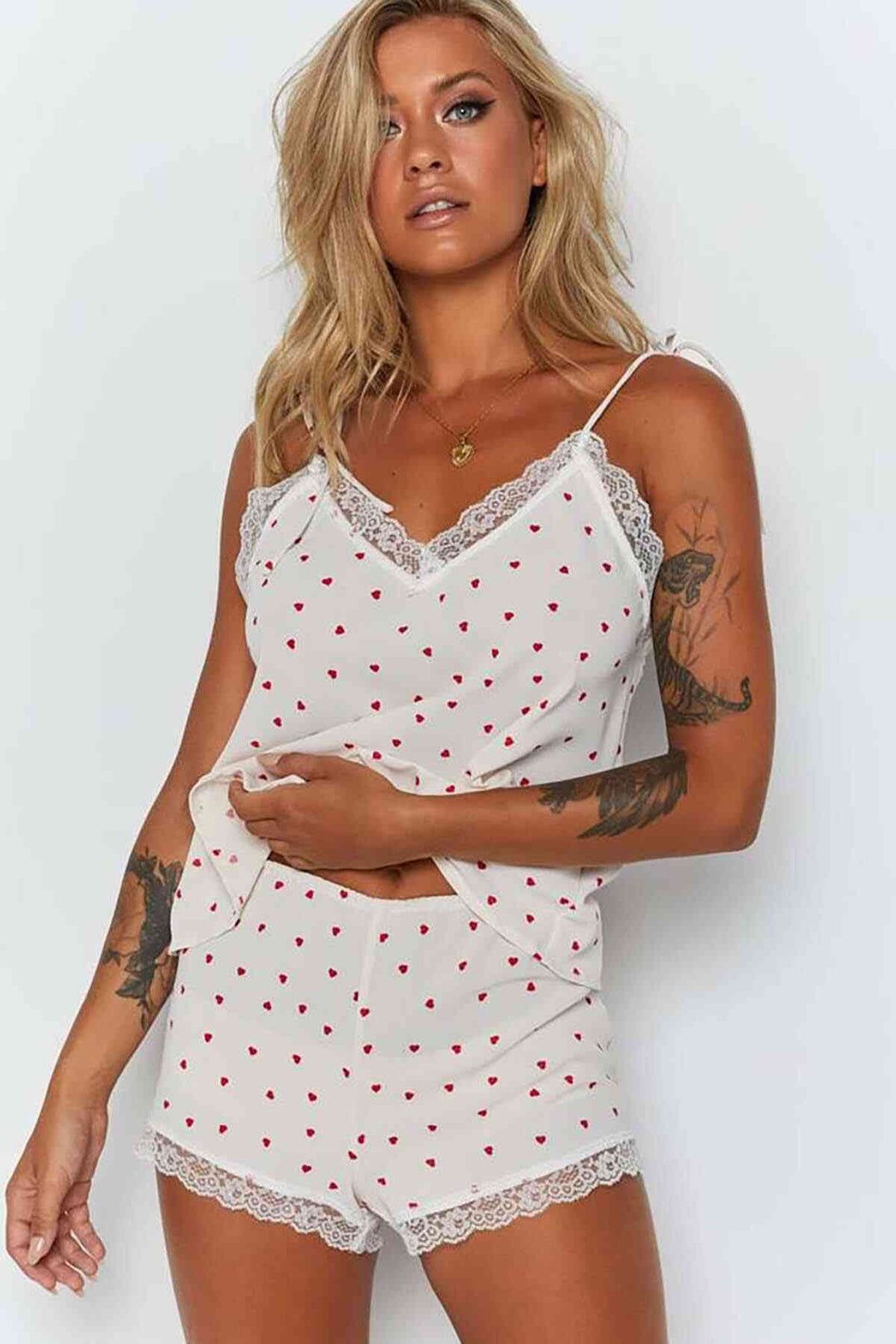 IGR Women Merry See Lace-Trimmed Heart Patterned Shorts Pajama Set White - Merthyr Tudful