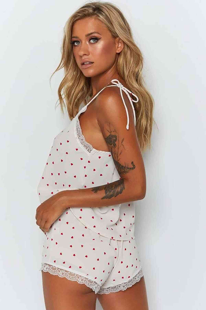 IGR Women Merry See Lace-Trimmed Heart Patterned Shorts Pajama Set White - Merthyr Tudful