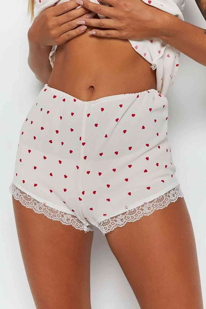 IGR Women Merry See Lace-Trimmed Heart Patterned Shorts Pajama Set White - Merthyr Tudful
