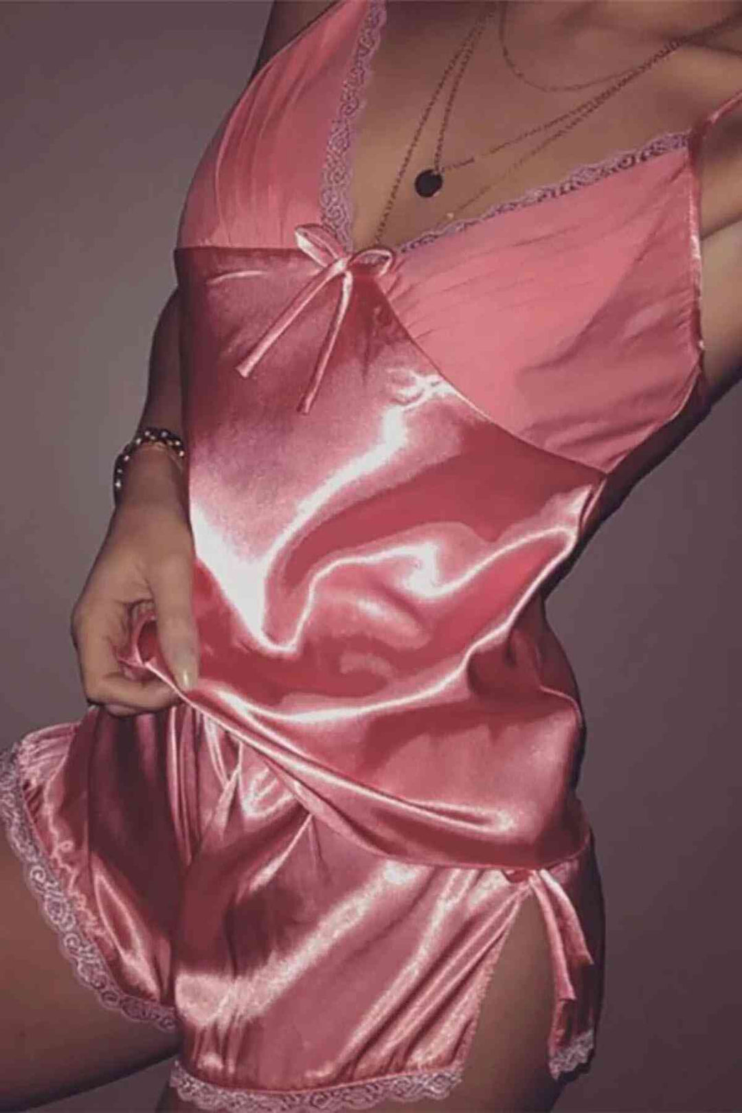 IGR Women Merry See Satin Pyjama Set with Lace Embroidery Pink - Queluz