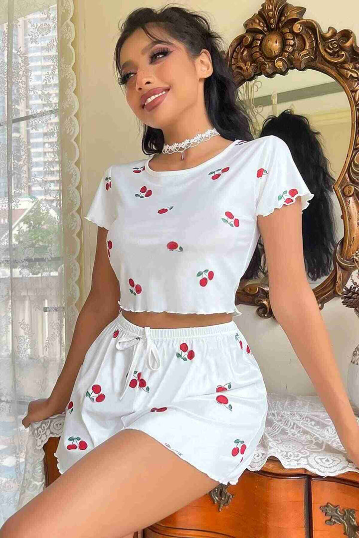 IGR Women Merry Sea Knitted Soft Short Sleeve Cherry Printed Shorts Pajama Set White - Bridgeport