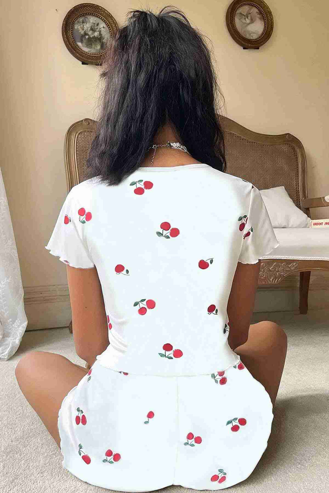 IGR Women Merry Sea Knitted Soft Short Sleeve Cherry Printed Shorts Pajama Set White - Bridgeport