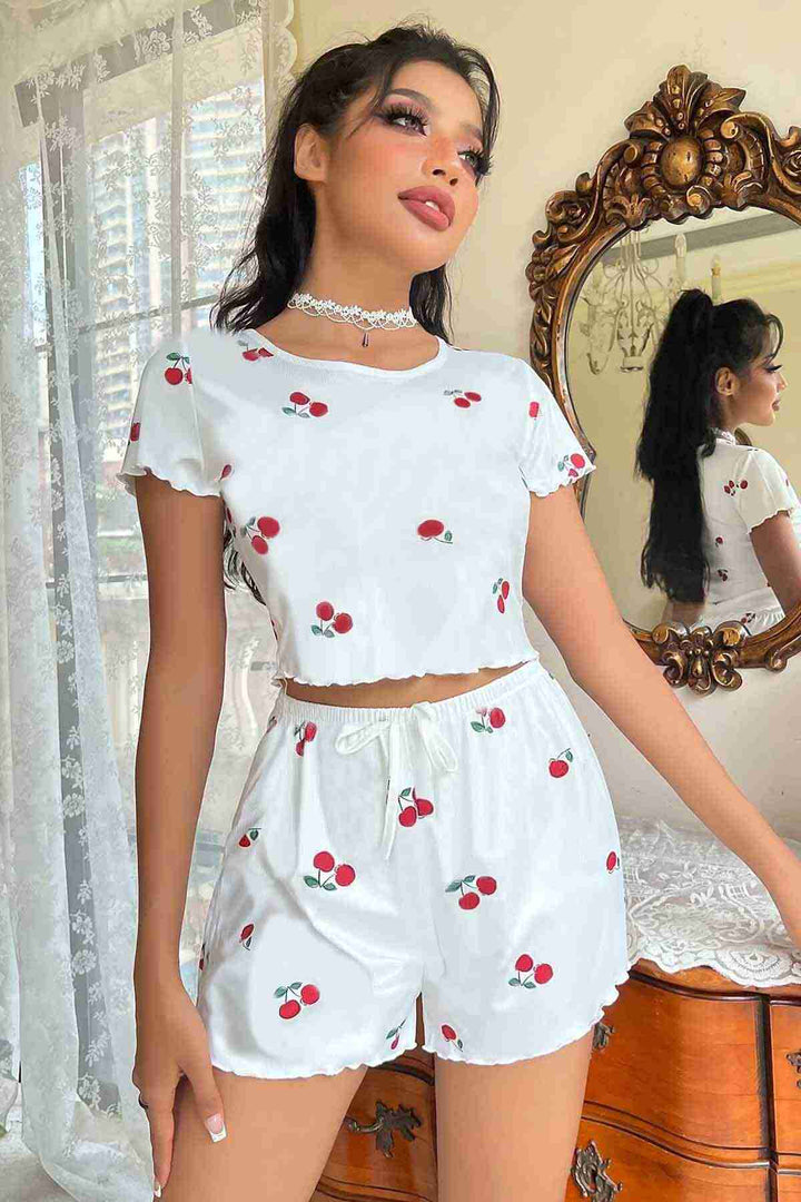 IGR Women Merry Sea Knitted Soft Short Sleeve Cherry Printed Shorts Pajama Set White - Bridgeport