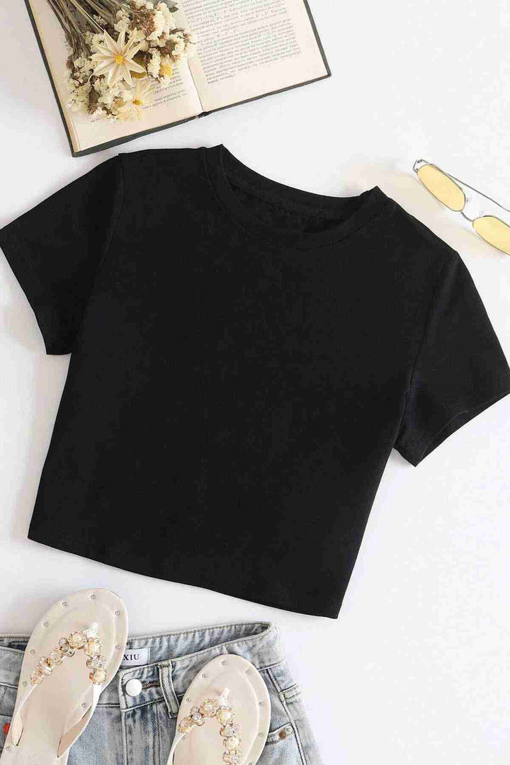 IGR Women Merry Sea Fluffy Soft Textured Short Sleeve Bicycle Neck Blouse Crop Black - Anderlecht