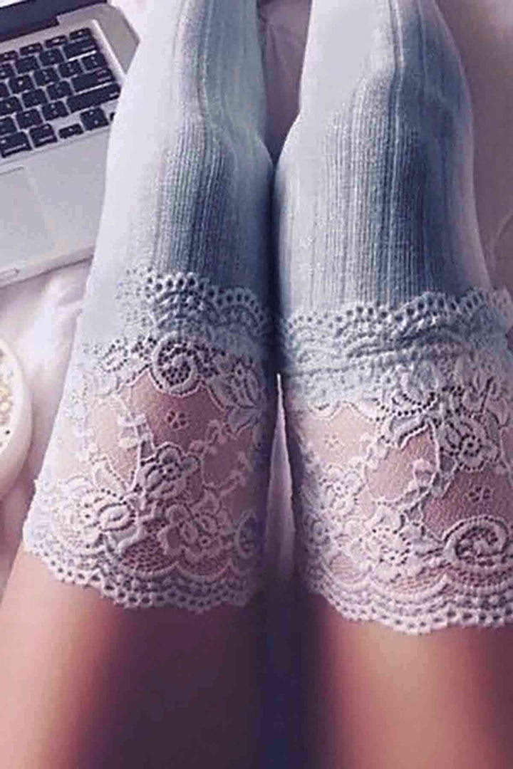 IGR Women Merry See Perfumed Lace Knit Thigh High Garter Stockings Gray - Tlaquepaque