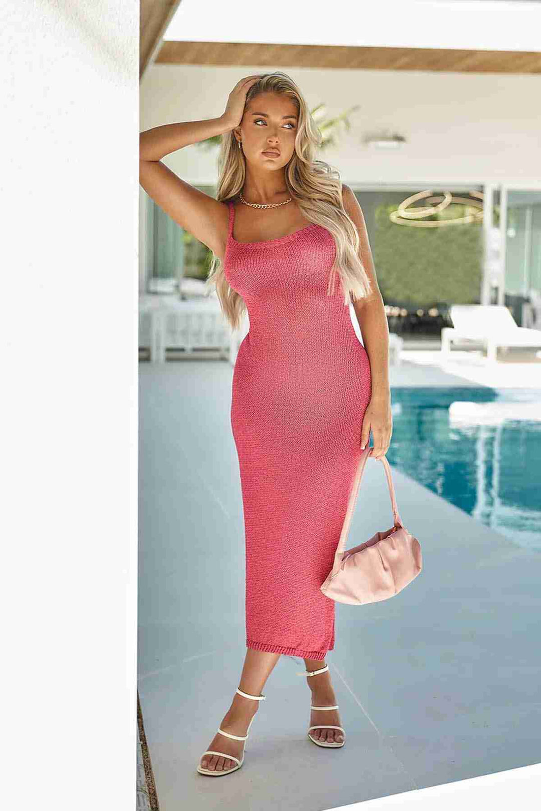 IGR Women Merry See Backless Tie Waist Bodycon Midi Knitted Dress Pink - Ciudad Madero