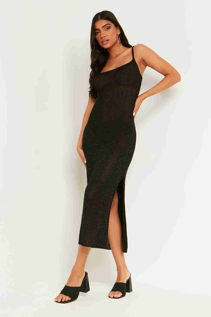 IGR Women Merry See Backless Lace-Up Bodycon Midi Knitted Dress Black - Brockton