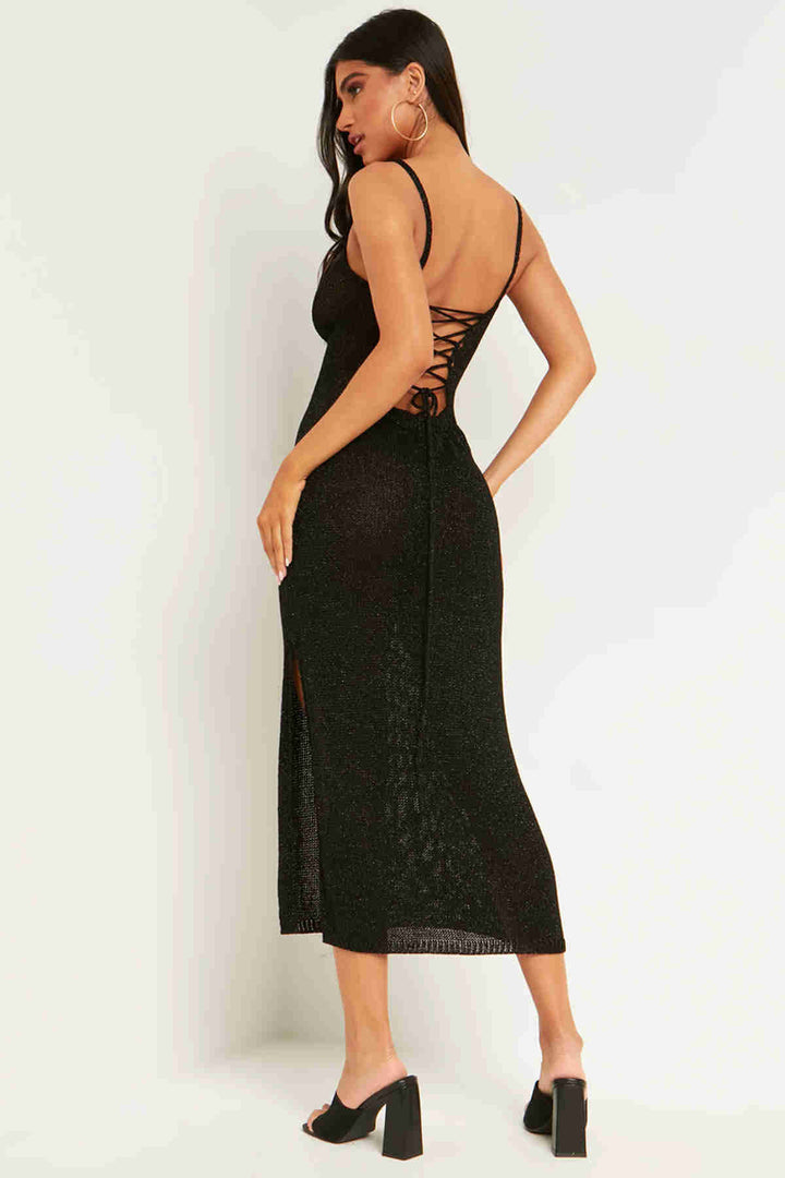IGR Women Merry See Backless Lace-Up Bodycon Midi Knitted Dress Black - Brockton