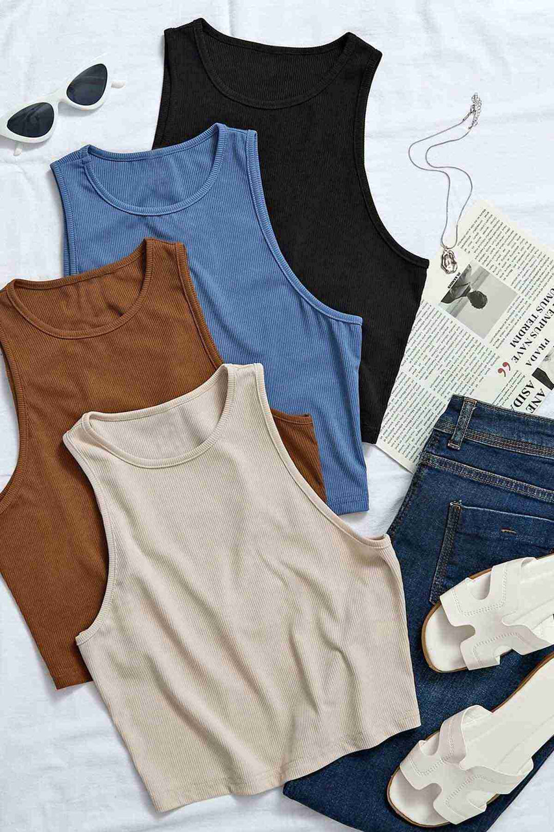 IGR Women Merry See Solid Color 1 Piece Women's Sleeveless Knit Fabric Blouse Crop Brown - Chester