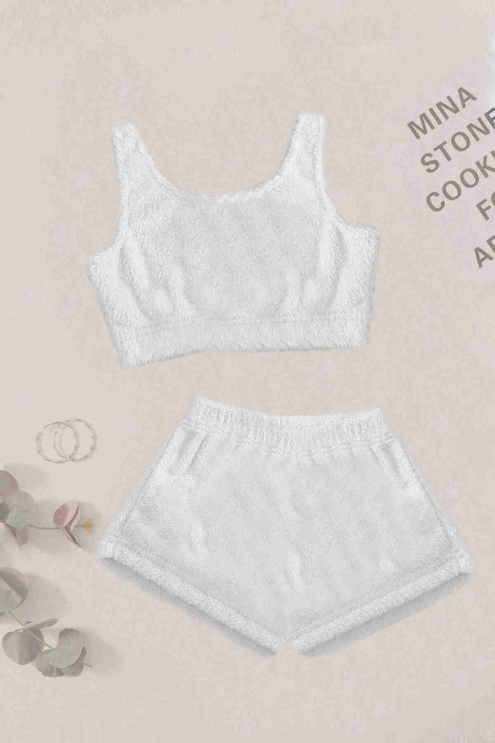 IGR Women Merry Sea Solid Color 1 Set Sleeveless Strappy Plush Fleece Top Bottom Shorts Pajama Set White - Izmail