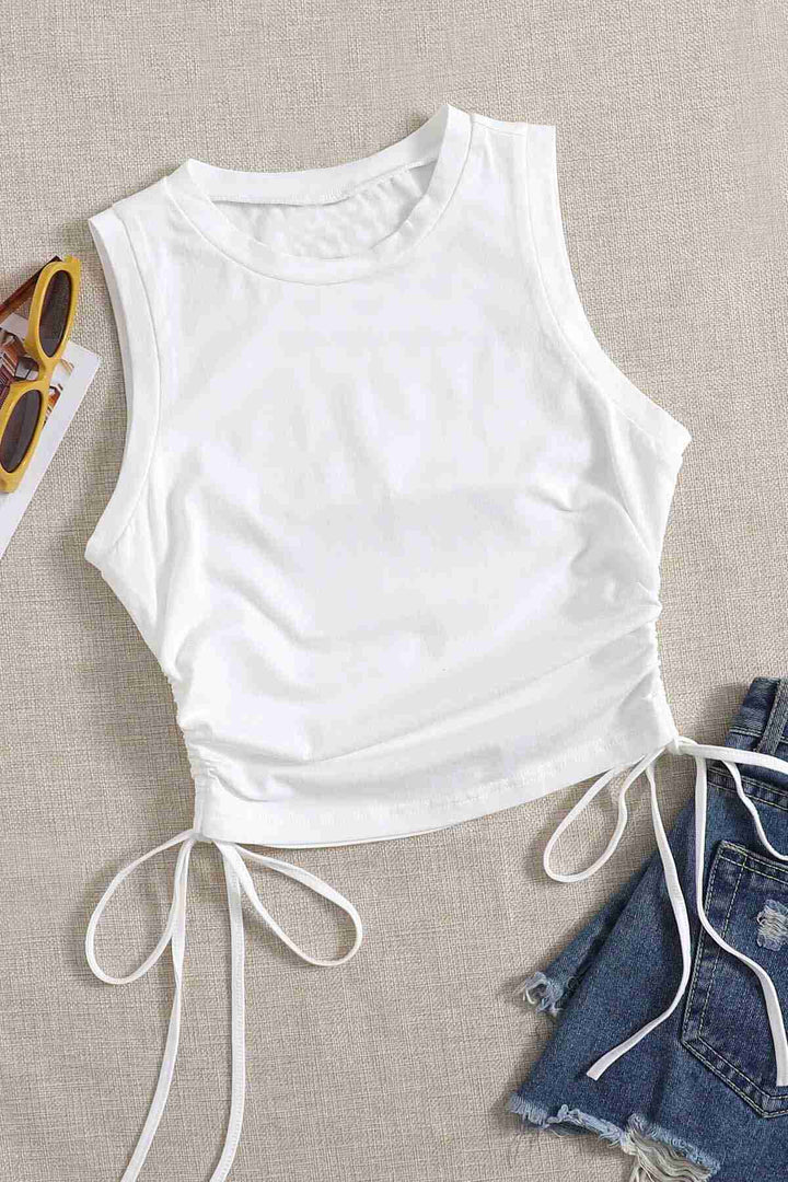 IGR Women Merry See Side Gathered Sleeveless Blouse Crop Top Tank Top White - Brooklyn