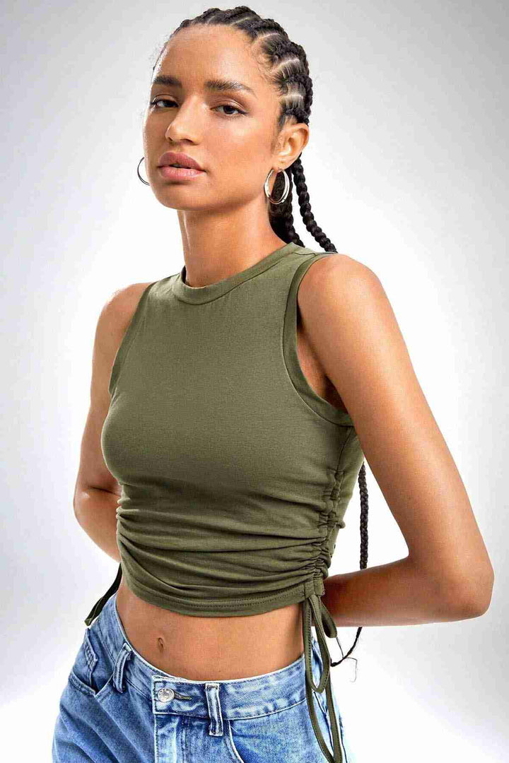 IGR Women Merry See Ruched Sleeveless Blouse Crop Top Tank Top Green - Douai