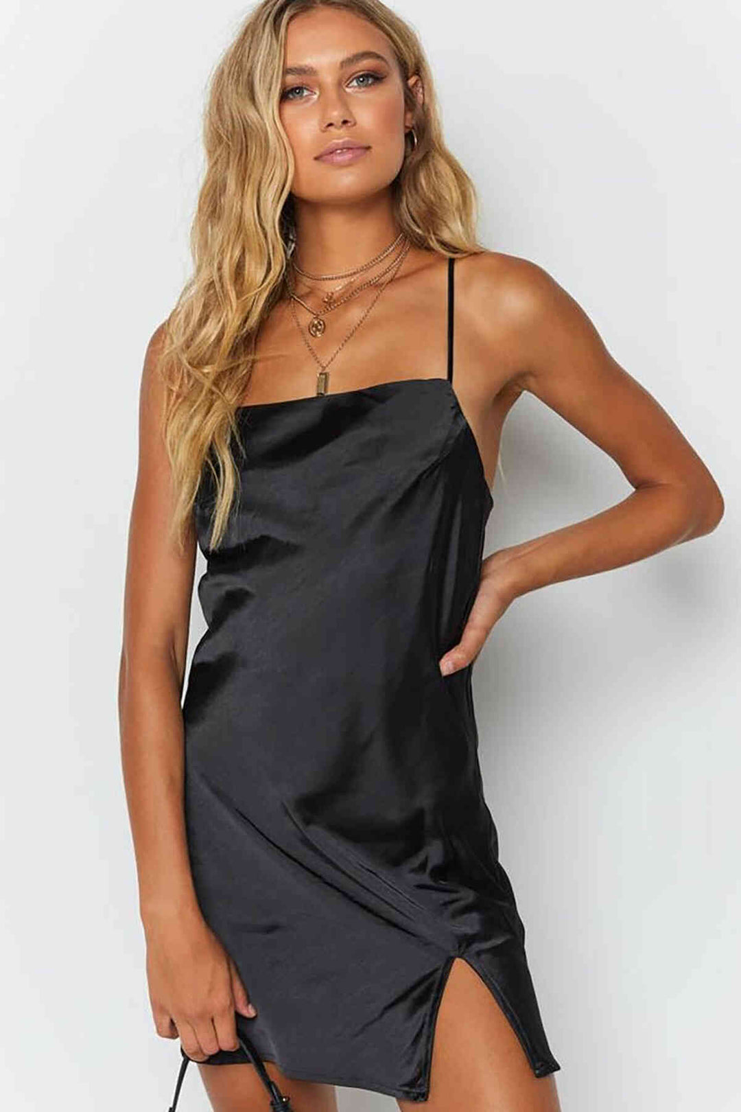 IGR Women Merry See Slit Mini Satin Dress Black - Tortosa