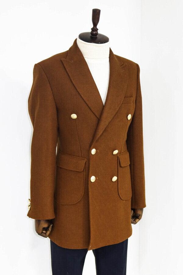 WSS Metal Buttoned Double Breasted Tan Men Coat  - Norwich