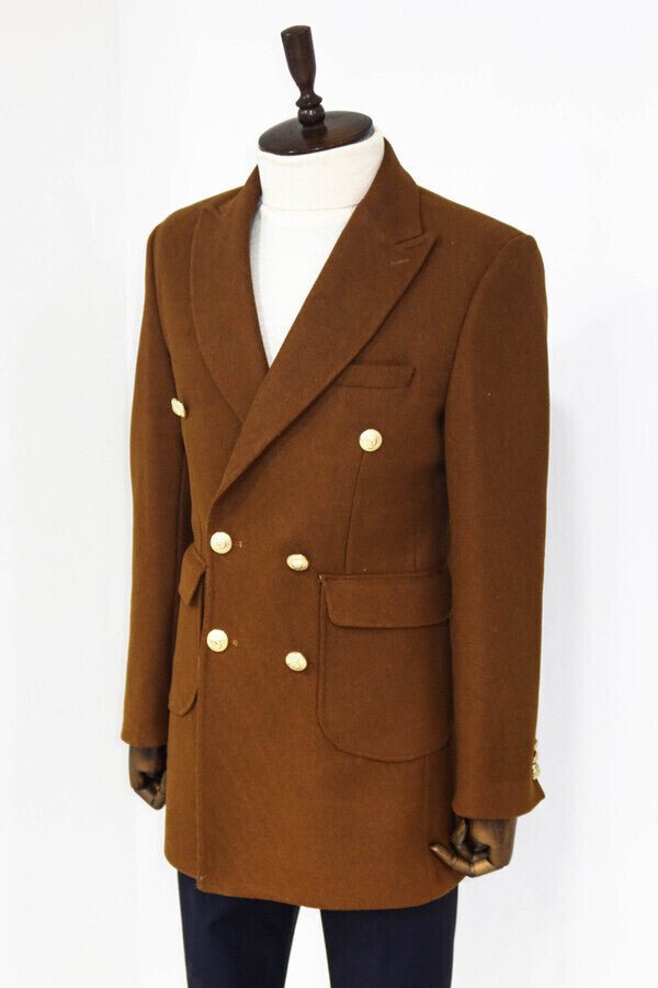 WSS Metal Buttoned Double Breasted Tan Men Coat  - Norwich