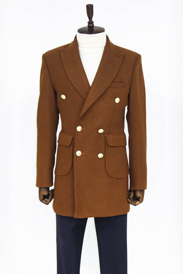 WSS Metal Buttoned Double Breasted Tan Men Coat  - Norwich