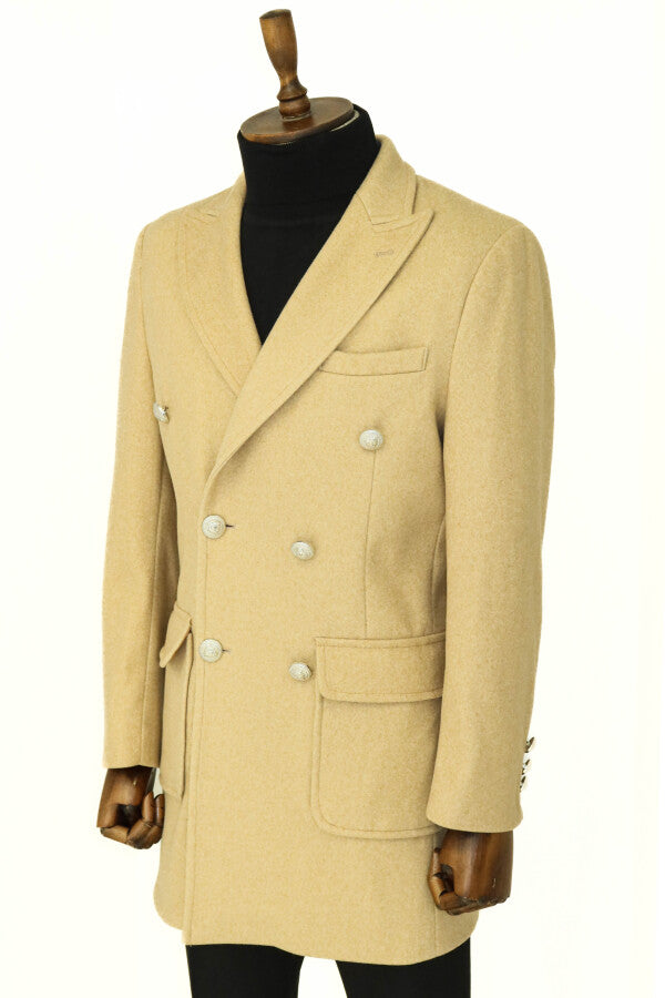 WSS Metal Buttons Wool Cashmere Beige Men Double Breasted Coat  - Liepāja