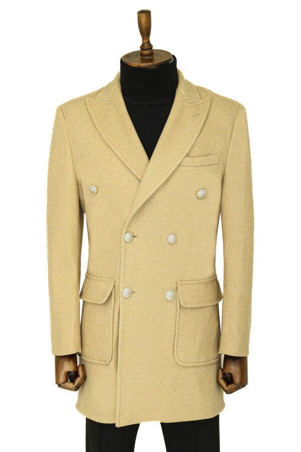 WSS Metal Buttons Wool Cashmere Beige Men Double Breasted Coat  - Liepāja