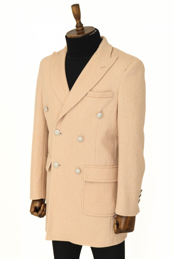 WSS Metal Buttons Wool Cashmere Cream Men Double Breasted Coat  - Kanata