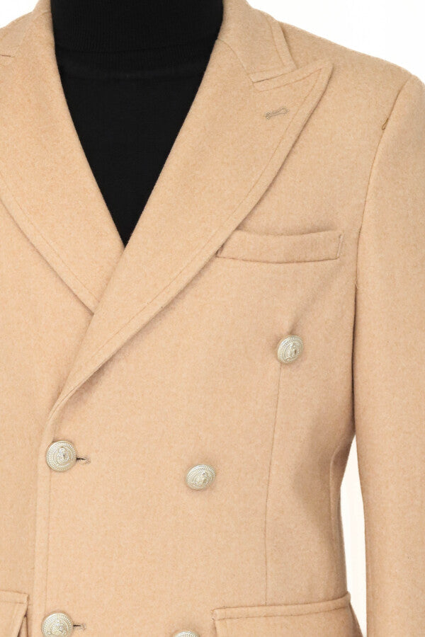 WSS Metal Buttons Wool Cashmere Cream Men Double Breasted Coat  - Kanata