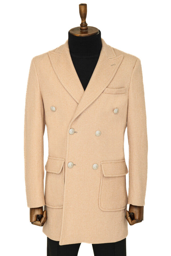 WSS Metal Buttons Wool Cashmere Cream Men Double Breasted Coat  - Kanata