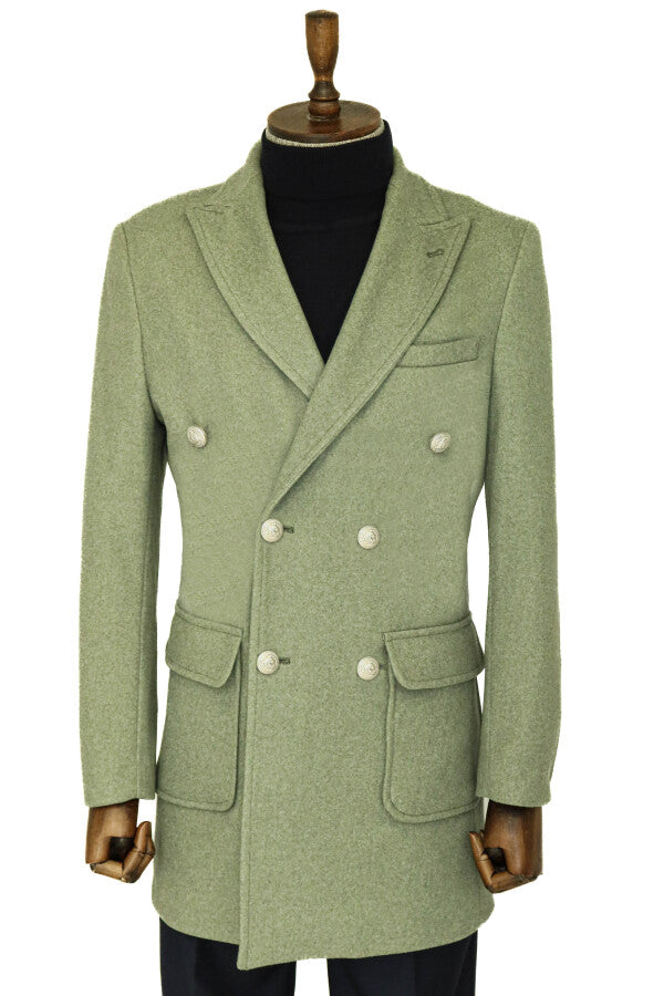 WSS Metal Buttons Wool Cashmere Green Men Double Breasted Coat  - Reading