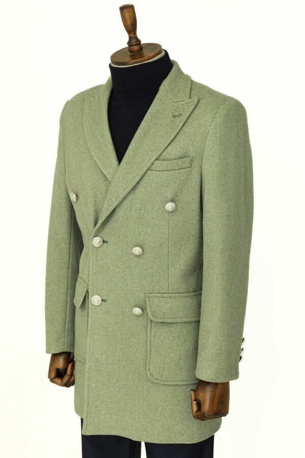 WSS Metal Buttons Wool Cashmere Green Men Double Breasted Coat  - Reading