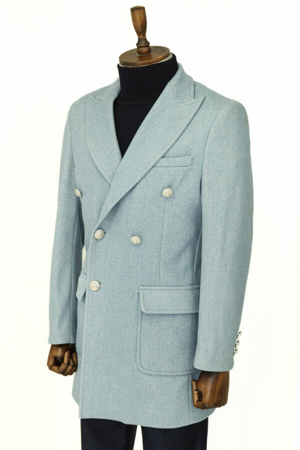 WSS Metal Buttons Wool Cashmere Light Blue Men Double Breasted Coat  - Winterthur