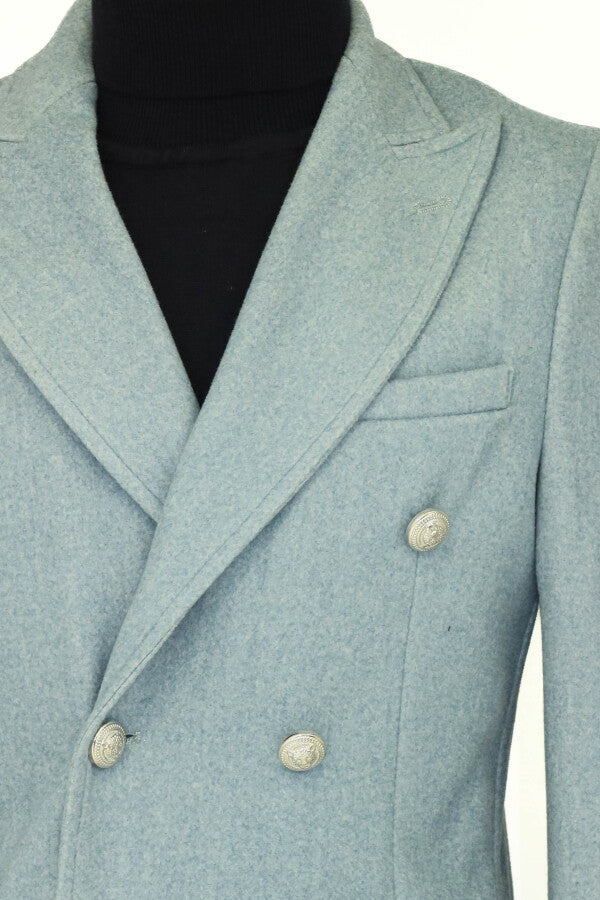 WSS Metal Buttons Wool Cashmere Light Blue Men Double Breasted Coat  - Winterthur