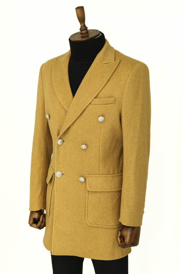 WSS Metal Buttons Wool Cashmere Tan Men Double Breasted Coat  - Compton