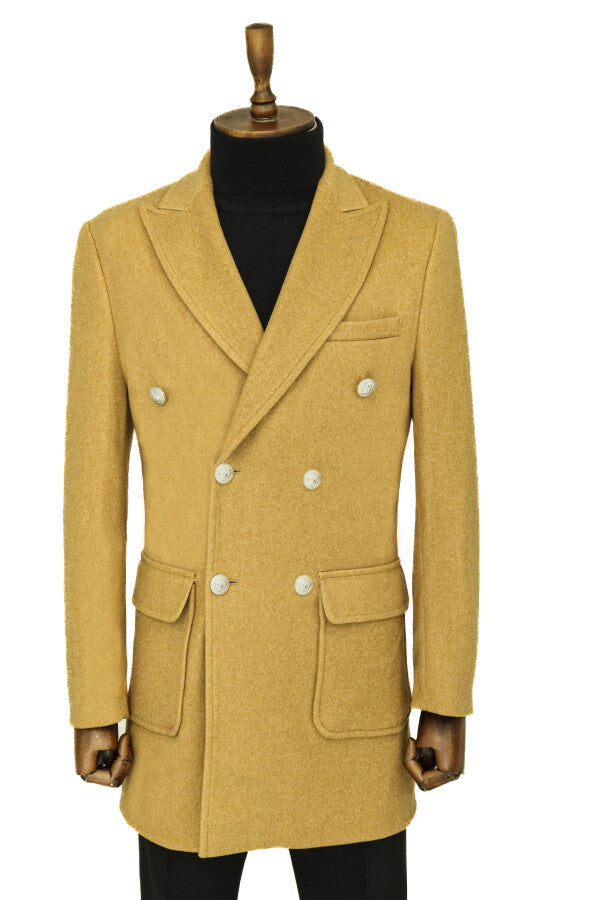 WSS Metal Buttons Wool Cashmere Tan Men Double Breasted Coat  - Compton