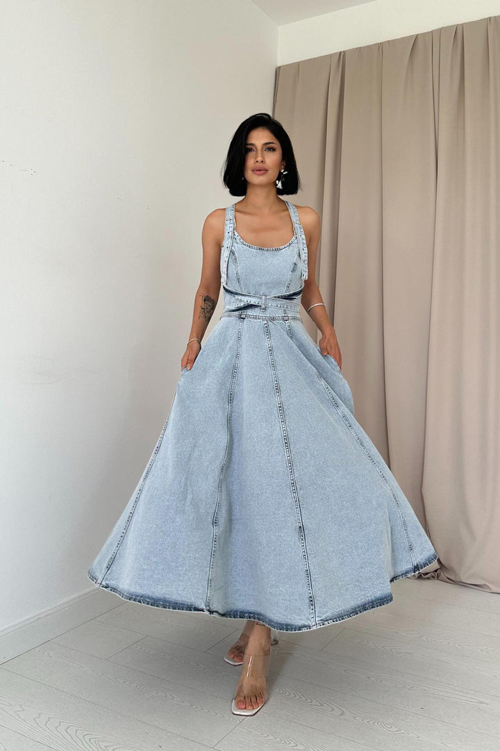 ELS Midi Denim Dress with Belt - Snow Wash - Winter Springs