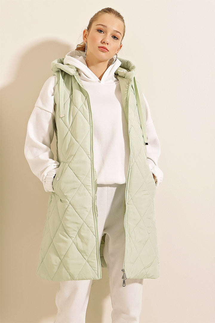 BGD Women Hooded Long Puffer Vest - Mint - Offenburg