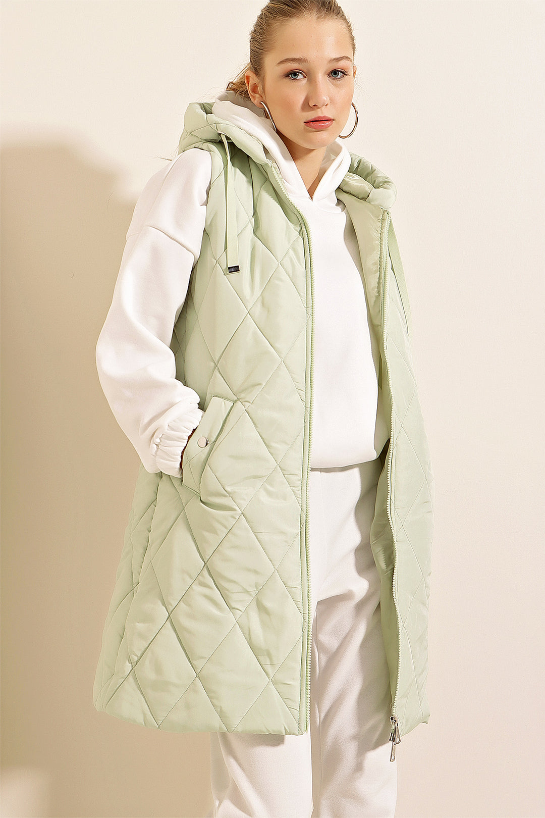 BGD Women Hooded Long Puffer Vest - Mint - Offenburg