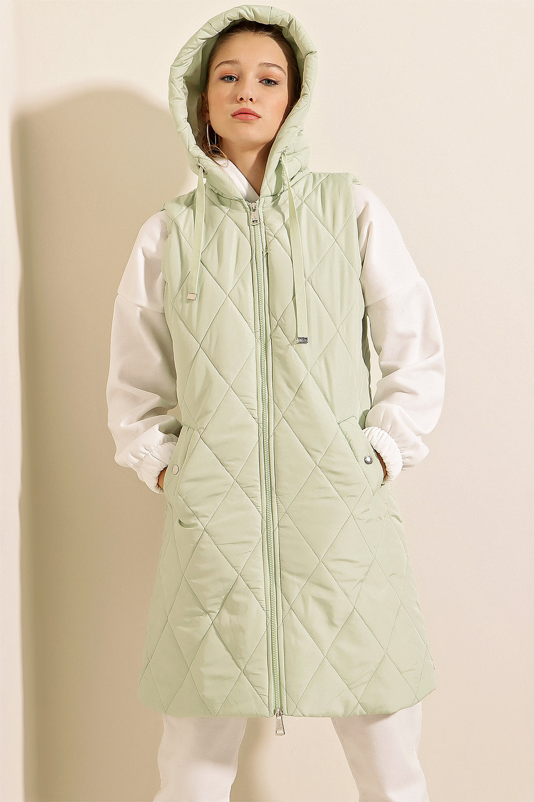 BGD Women Hooded Long Puffer Vest - Mint - Offenburg