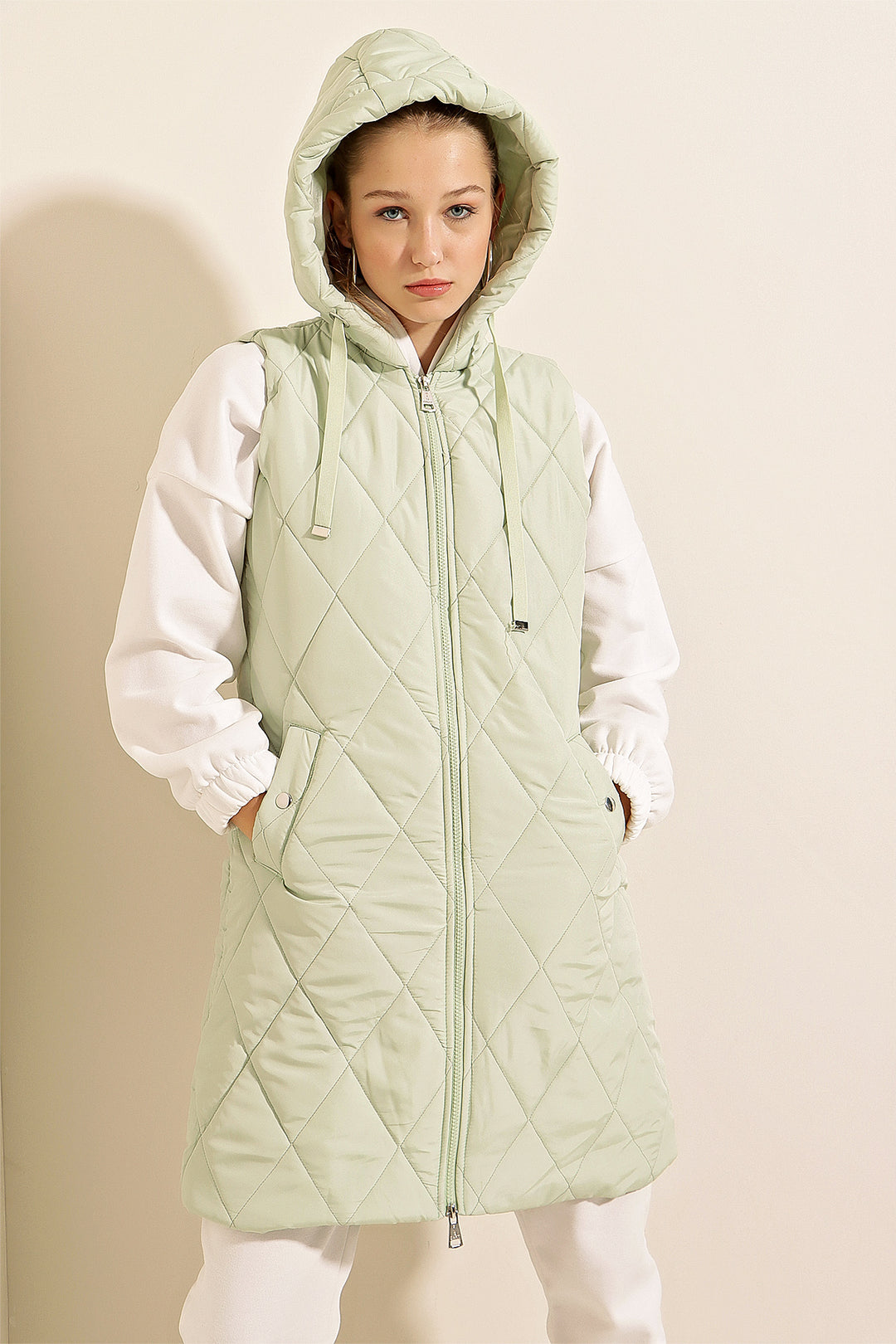 BGD Women Hooded Long Puffer Vest - Mint - Offenburg