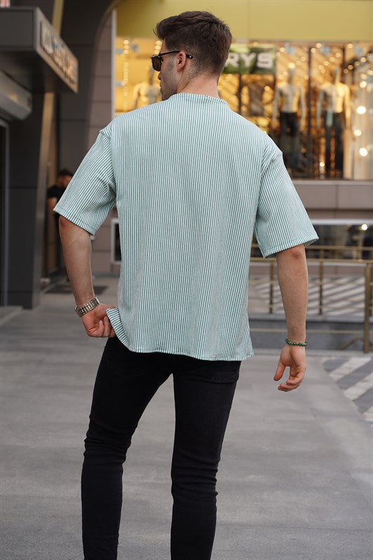 MDX Mint Green Mandarin Collar Striped Short Sleeve Shirt 5863 - Lubbock