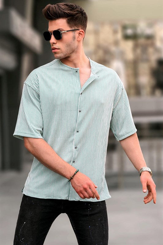 MDX Mint Green Mandarin Collar Striped Short Sleeve Shirt 5863 - Lubbock