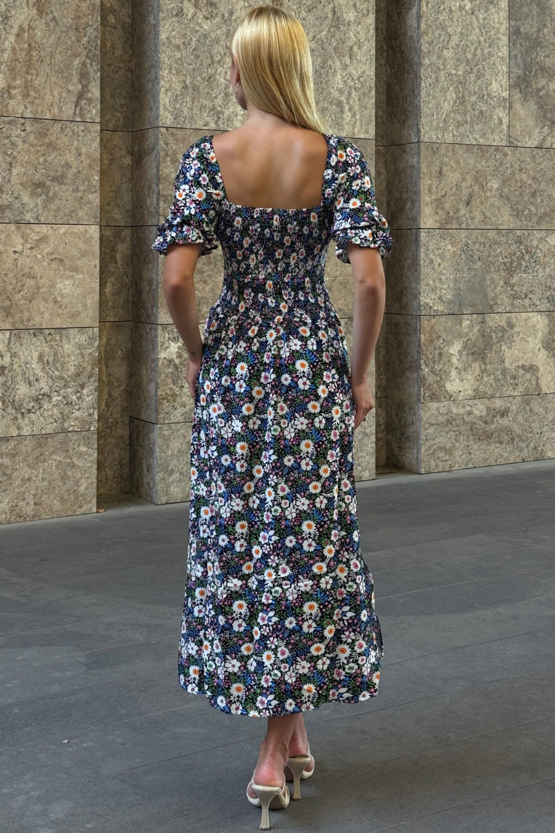 Square Neck Belted Floral Patterned Woven Summer Dress BCVL-25V095 - La Courneuve