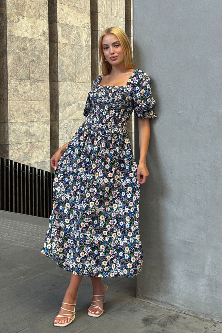 Square Neck Belted Floral Patterned Woven Summer Dress BCVL-25V095 - La Courneuve