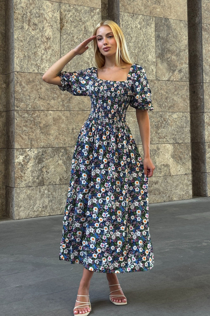 Square Neck Belted Floral Patterned Woven Summer Dress BCVL-25V095 - La Courneuve
